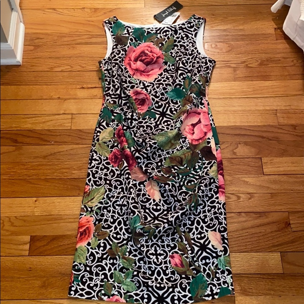 Joseph Ribkoff Bold Graphic Floral Dress Side Ruched Black White with Roses